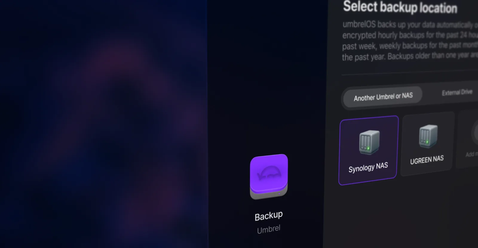 umbrelOS backup location selection and recovery interface